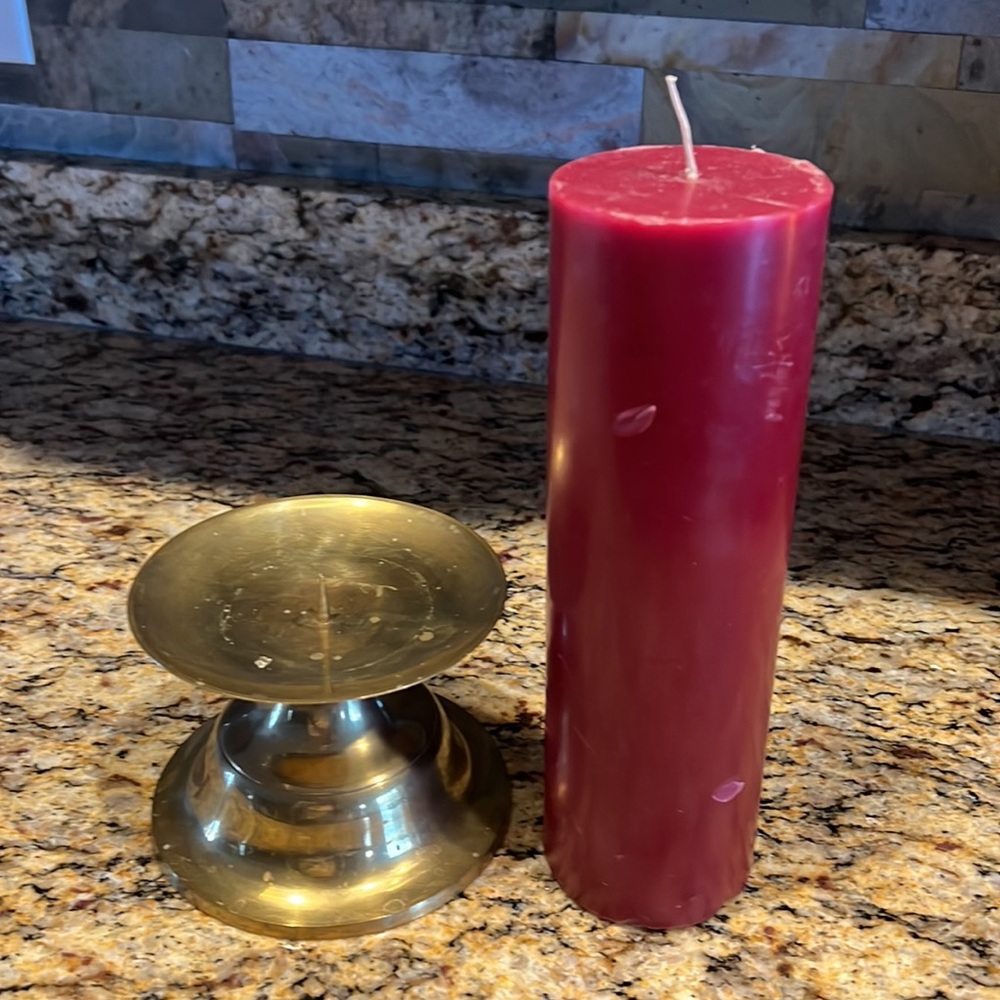 Brass 5” Diameter Candle Holder &  9” Pillar Candle | From India - Picture 2 of 4